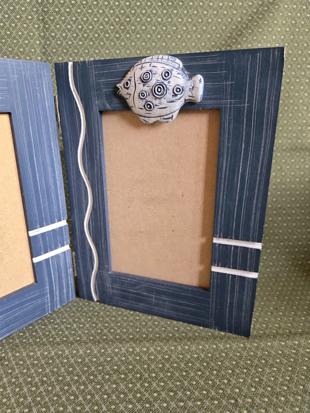 Double Hinged Blue Nautical Sea Shell & Fish Wooden Photo Frame - 4x6 Pics